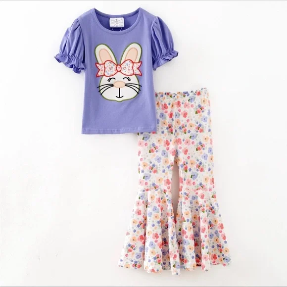 🐿️Little Girls-Purple Bunny Top & Floral Bell Bottom Set-New-Boutique-many sizes - Picture 5 of 5
